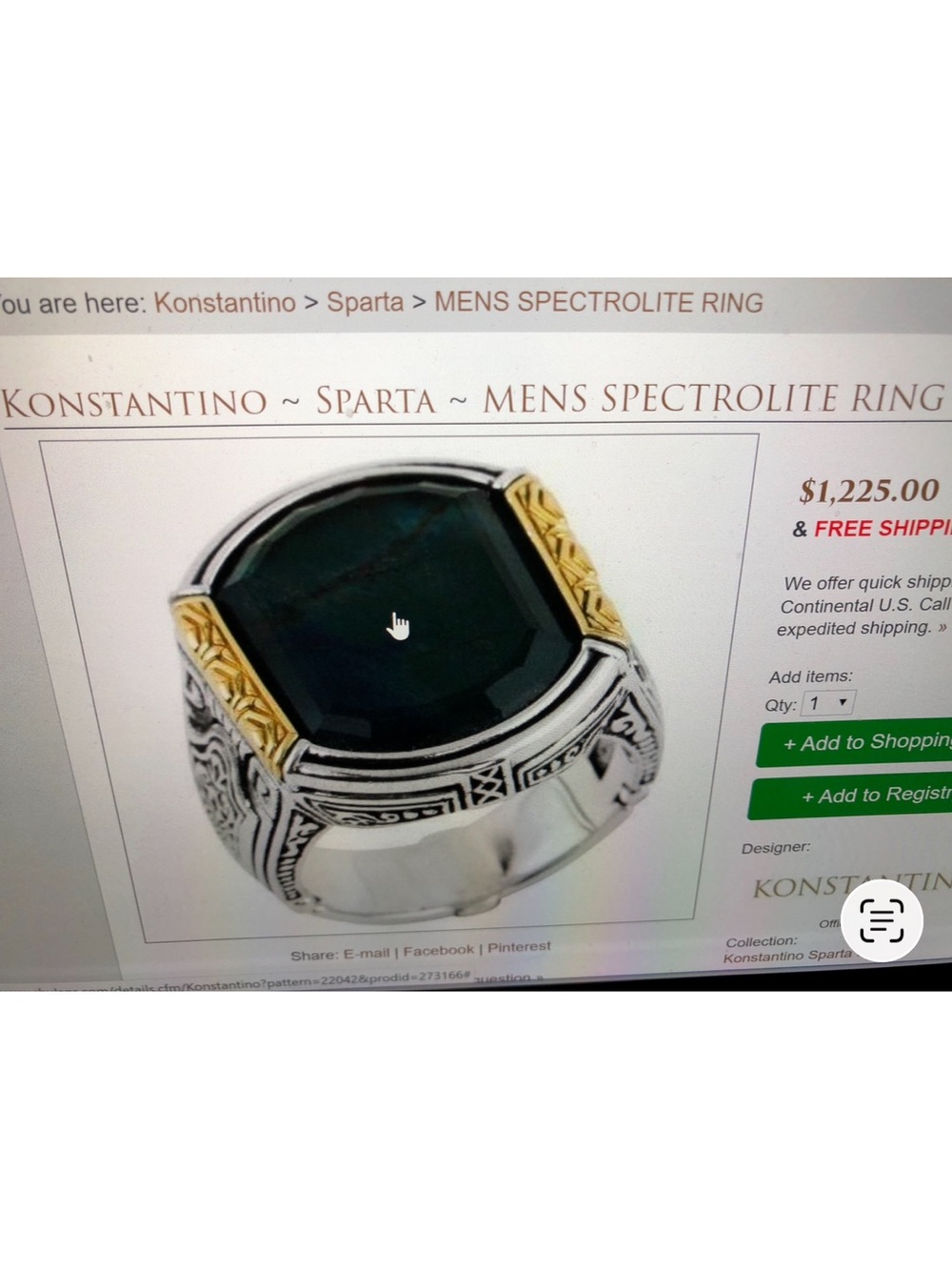 Konstantino Sparta Men's Ring with Deep Blue-Green Stone and Gold Accents